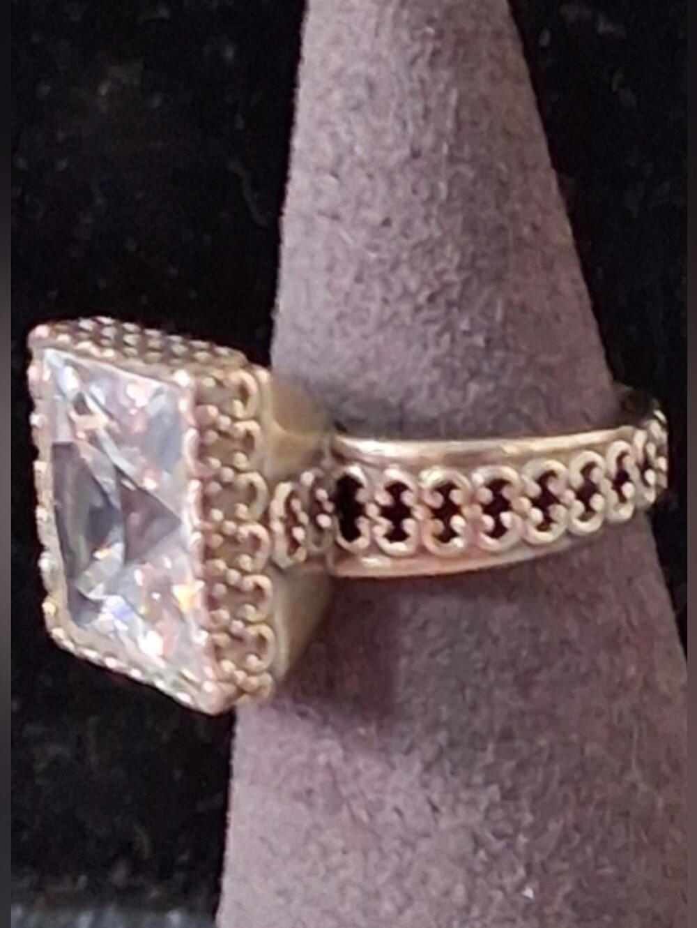 Vintage Israel 925 Sterling Silver Princess Cut CZ Filigree Ring Statement Boho